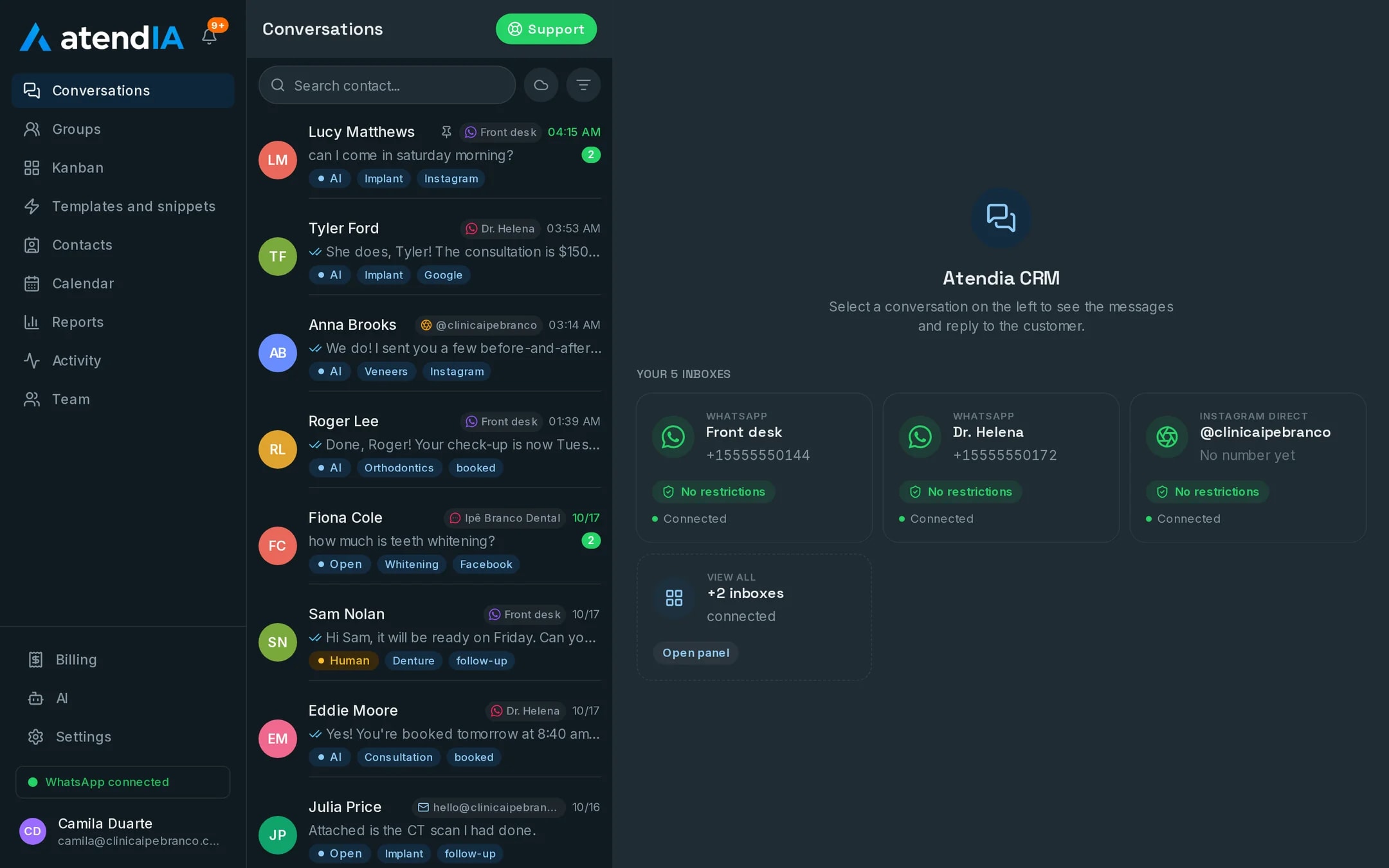 atendIA dashboard in dark mode: the conversation list from WhatsApp, Instagram, Messenger and email with tags and the AI badge, and the five connected inboxes